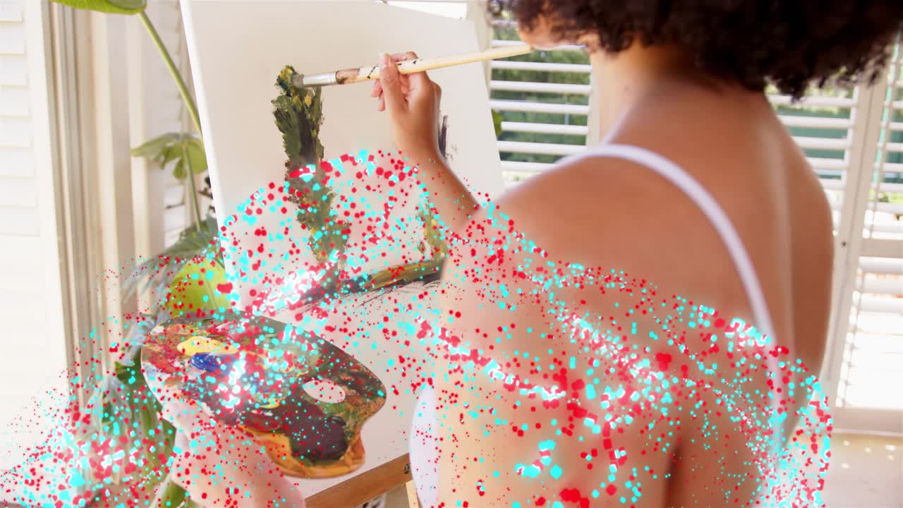 Artist painting leaves from plant reference, mixing on palette, red cyan confetti overlay obscuring