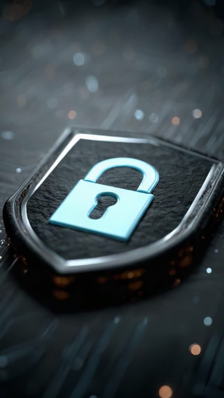 A Close-Up Look at a Metallic Shield Featuring a Lock Icon Symbolizing Security and Protection in a Digital Landscape with Sparkling Effects