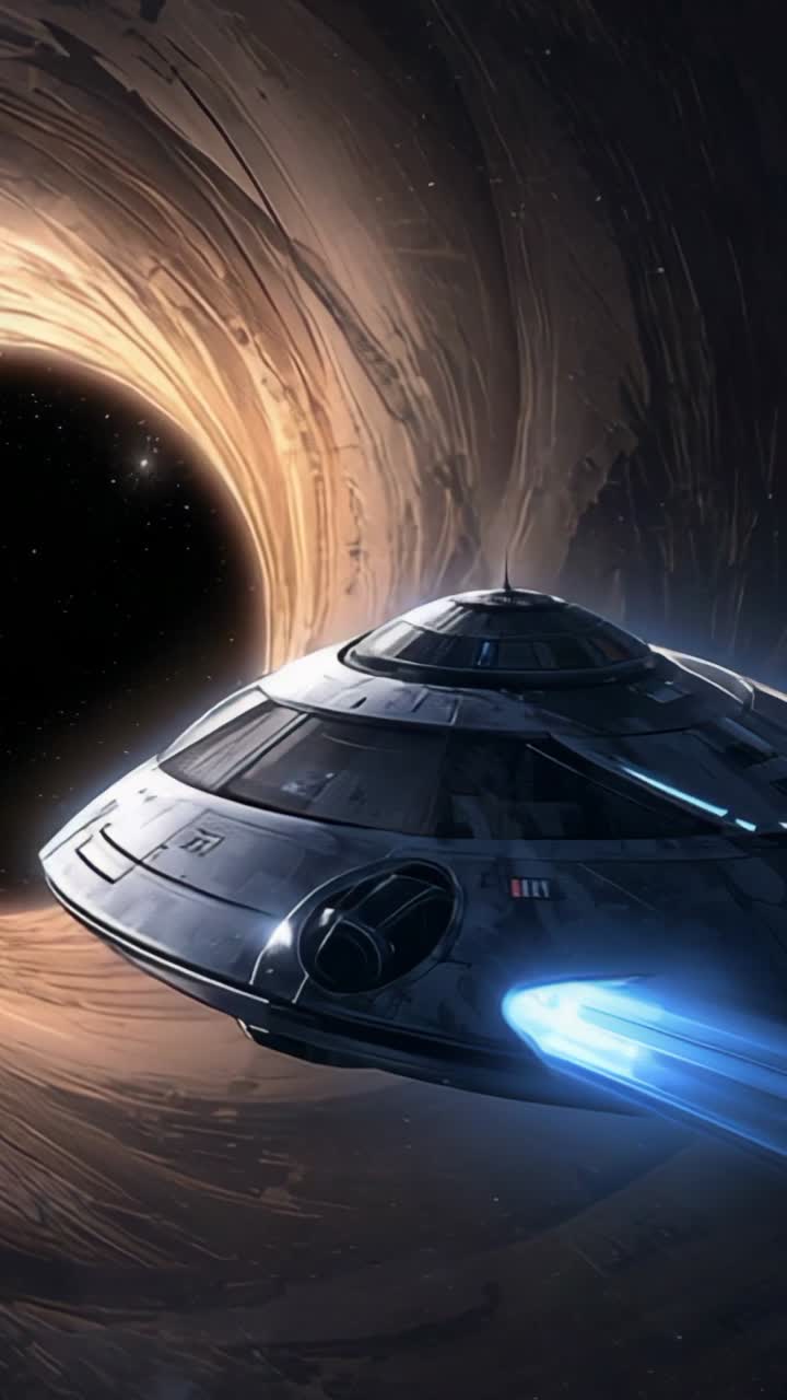 Vertical video: Blue thruster igniting saucer ship gliding in space, near swirling accretion disk