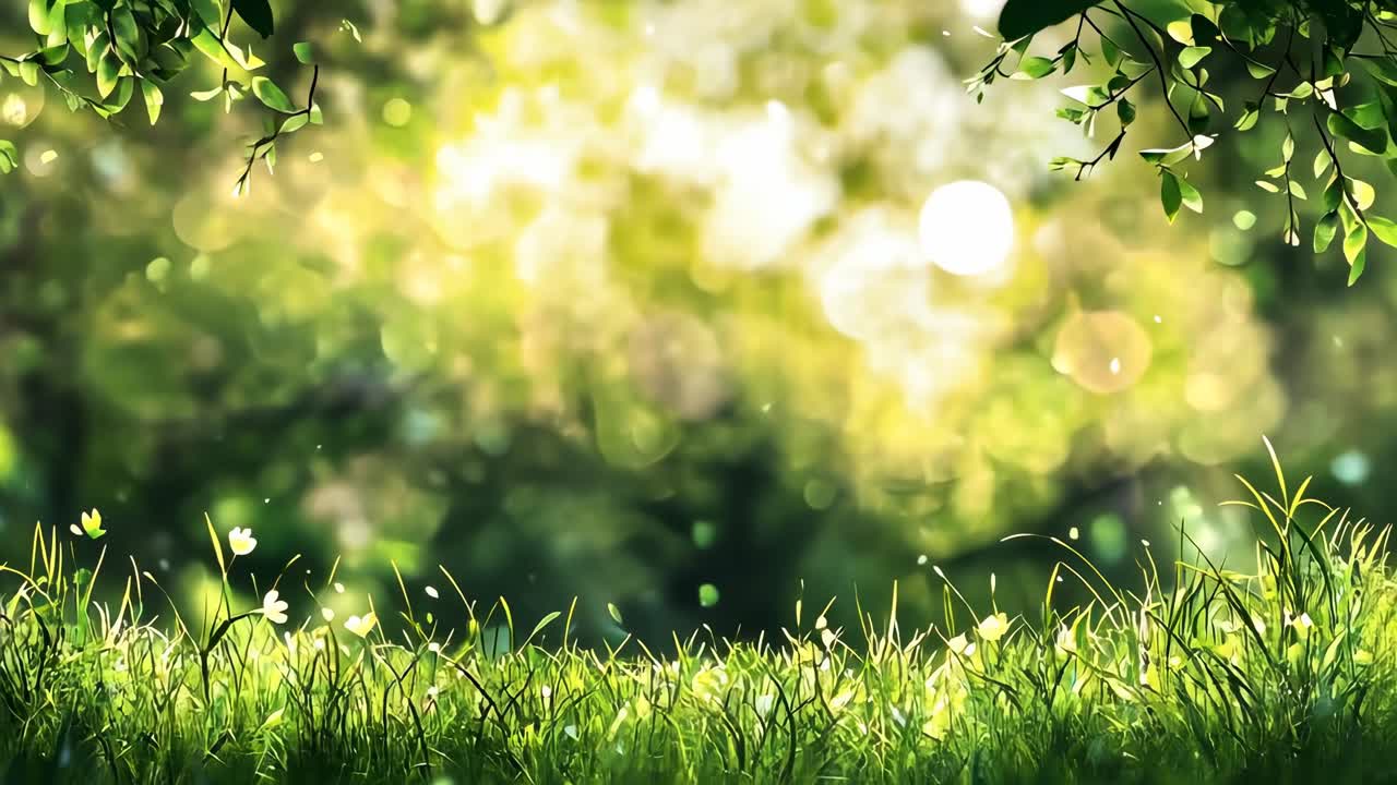 Low-angle shot of sunlit grass and trees, creating a serene, dreamy atmosphere, perfect