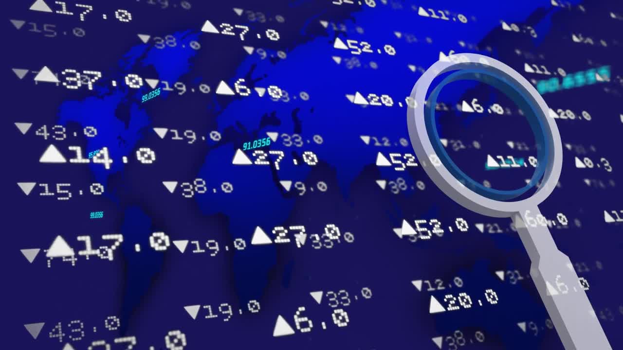 Animation of financial data processing and magnifying glass over navy background