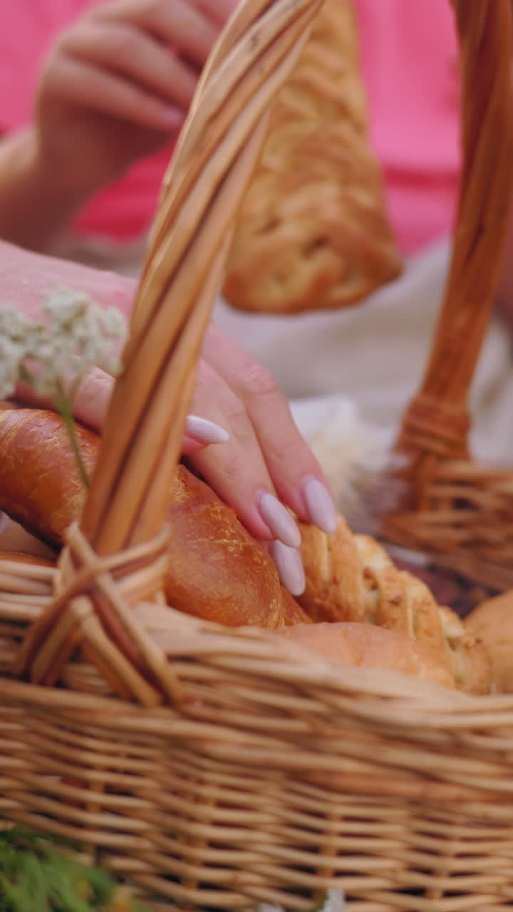 Close-up of people seated outdoors picking fresh pastries from a picnic basket, a young boy quickly eats his chosen treat while others select theirs, warm and cozy family picnic moment