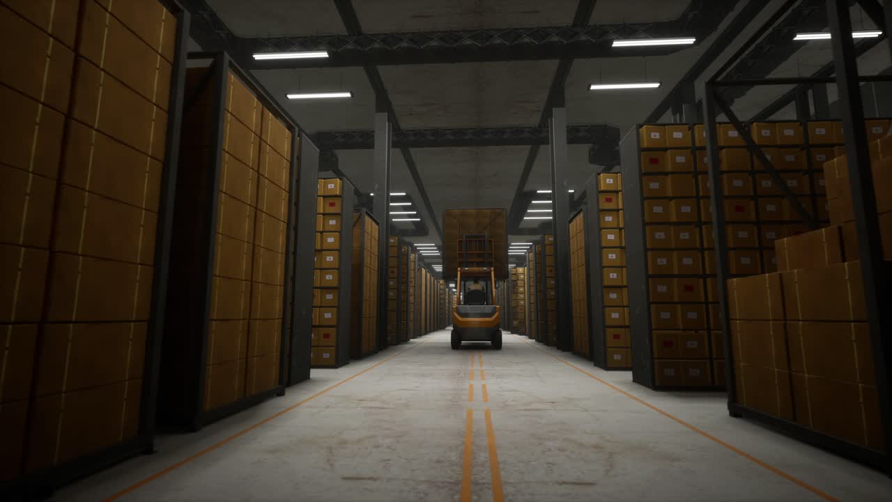 los trabajadores conducen carretillas elevadoras y transportan productos para almacenarlos en almacenes