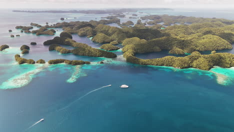high-quality drone shot, wide shot of turquoise coastline and small tropical islands of palau