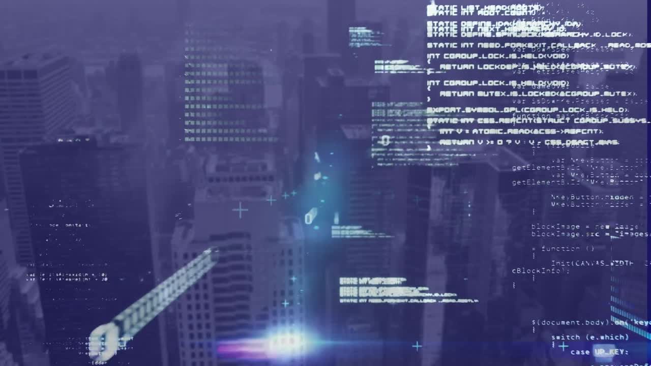 Animation of data processing and light trails over cityscape