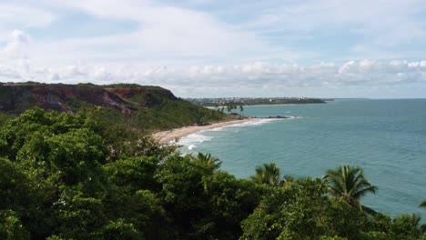 beautiful aerial drone shot of the tropical coastline of paraiba, brazil near the famous coqueirinhos beach with palm trees, tall cliffs, golden sand, and clear crystal ocean water on a windy day