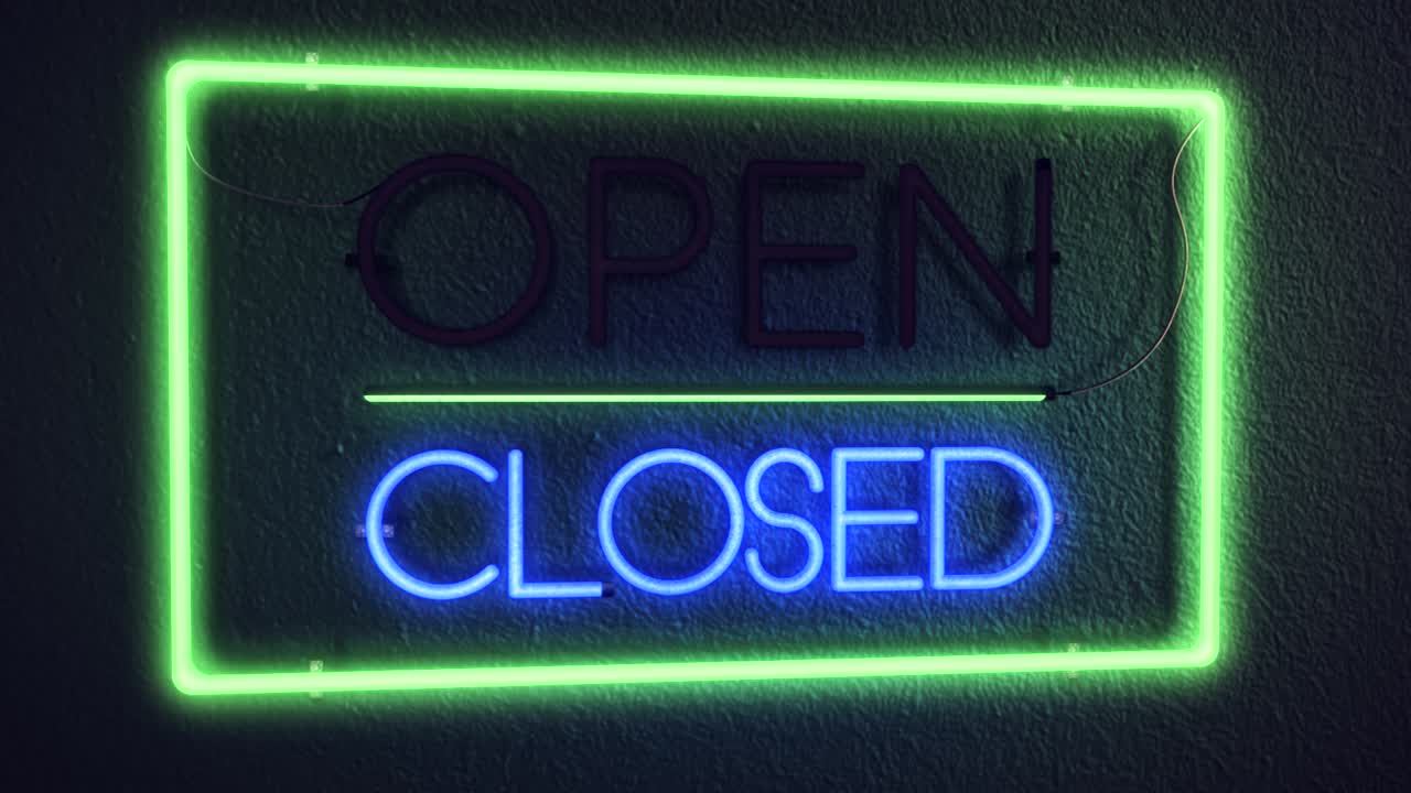 Realistic 3D render of a vivid and vibrant animated neon sign, with the word Closed illuminated, with a concrete wall background