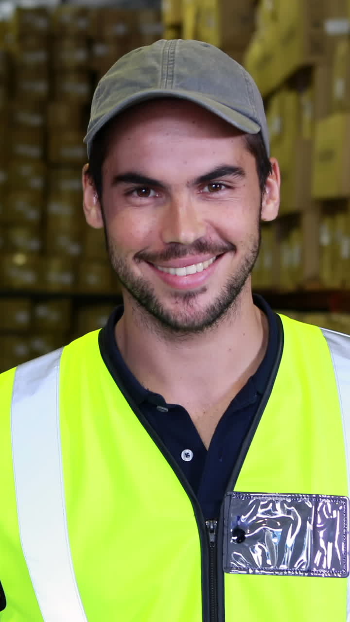 trabajador de almacén sonriendo a la cámara