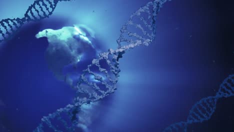 animation of dna strands and globe spinning on blue background