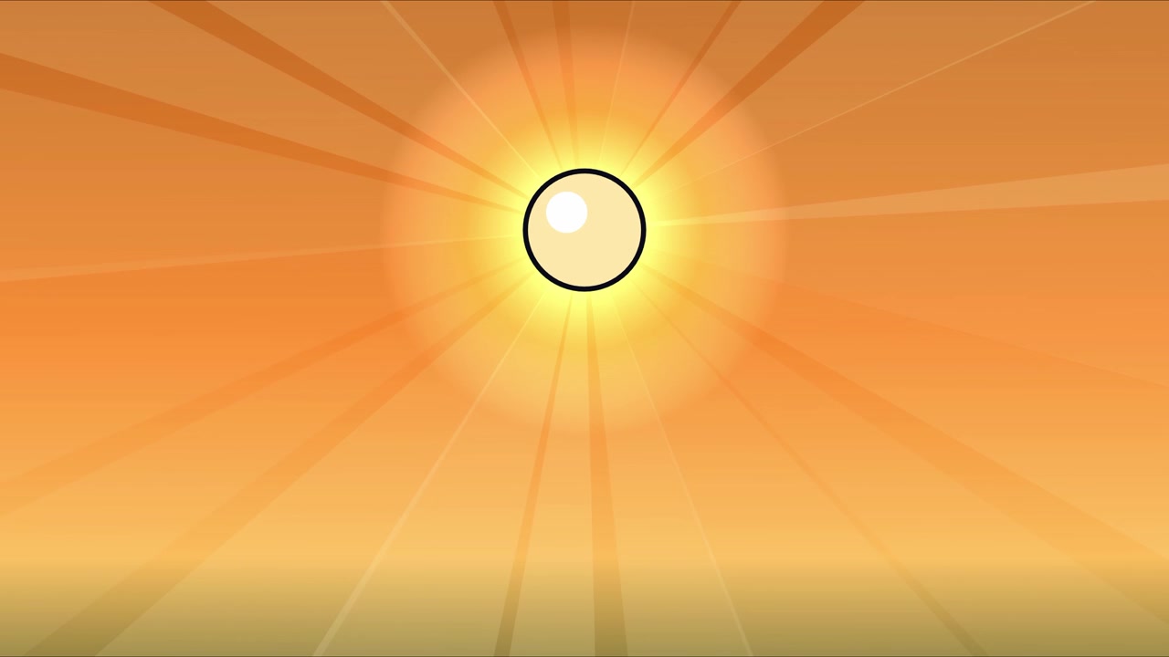 Cartoon anime style sun shining with rays in the center against orange sky, seamless loop