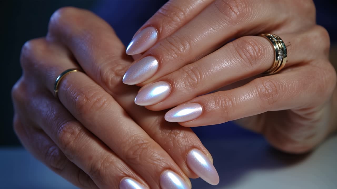 Hands gently clasped, nails polished with soft pearlescent shine. Ring glints subtly, adding elegance to the calm gesture. Skin texture and light reflect subtle warmth and tranquility
