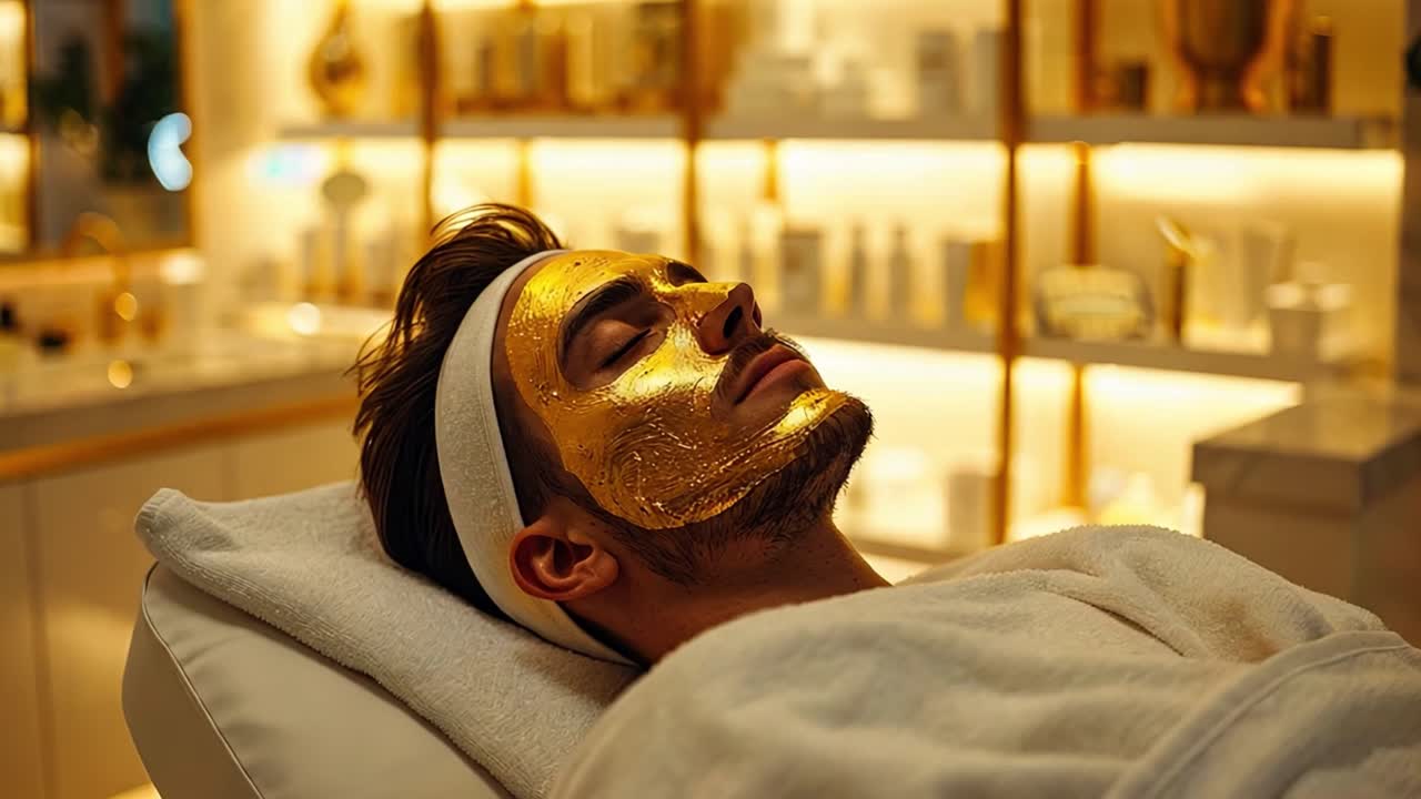 Man receiving a luxurious gold face mask treatment at a spa