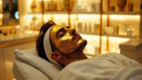 man receiving a luxurious gold face mask treatment at a spa