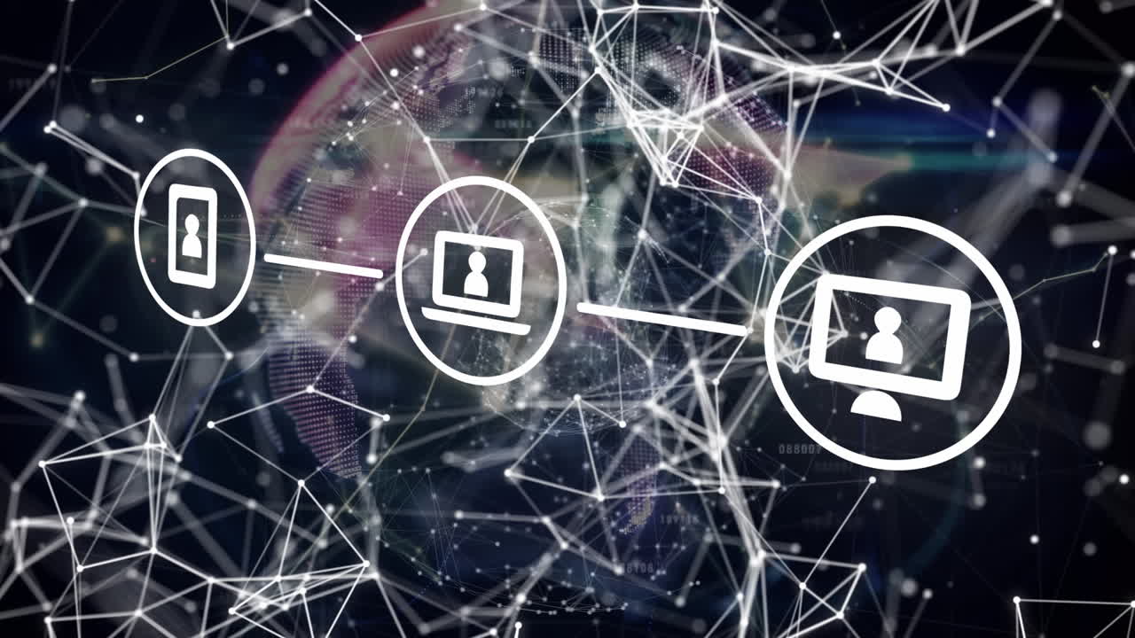 анимация сети соединений с иконами и глобусом на черном фоне