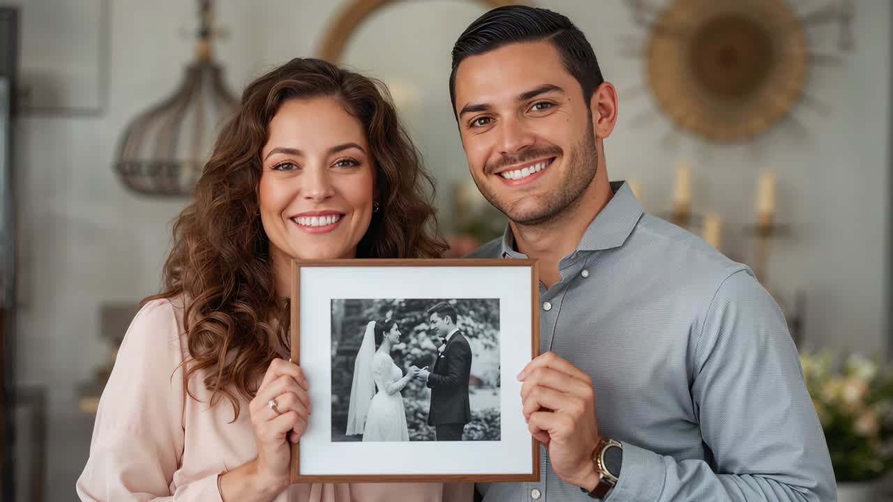 Starting by holding framed wedding portrait, couple exchanging glances and presenting it at home