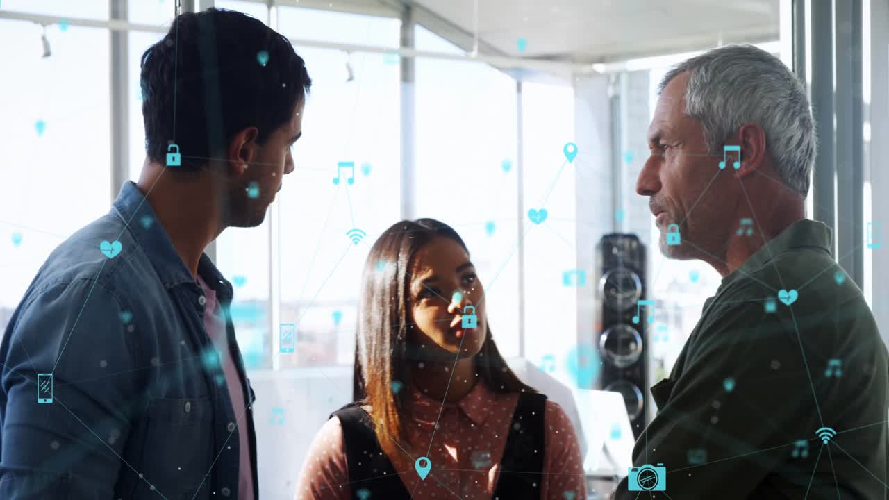 Animation of statistics and data processing over business people wearing phone headsets