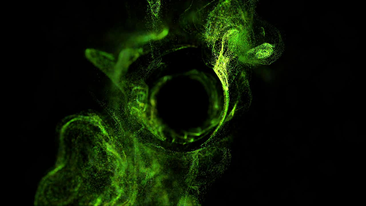 corriente de partículas luminosas verdes bajo el agua en fondo negro corre en un campo esférico, lugar para su texto, logotipo. canal alfa como luma mate. efecto de tinta de advección. 1