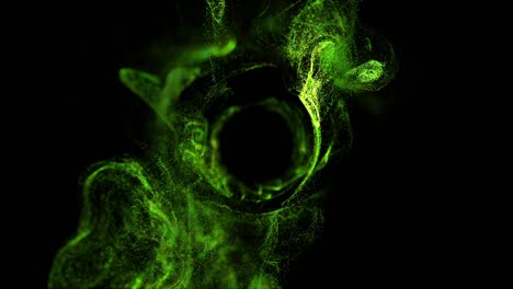 corriente de partículas luminosas verdes bajo el agua en fondo negro corre en un campo esférico, lugar para su texto, logotipo. canal alfa como luma mate. efecto de tinta de advección. 1