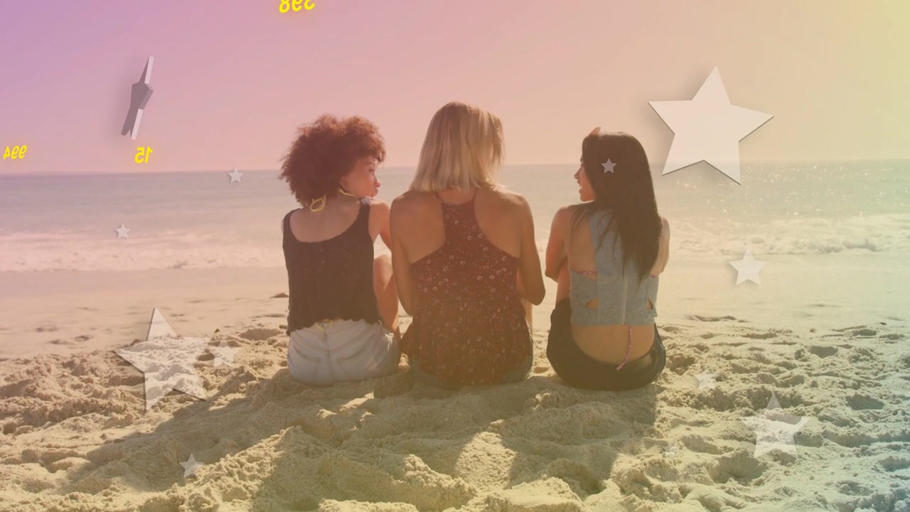 Three women sitting beach talking as animated overlay appearing, shifting into stars for marketing