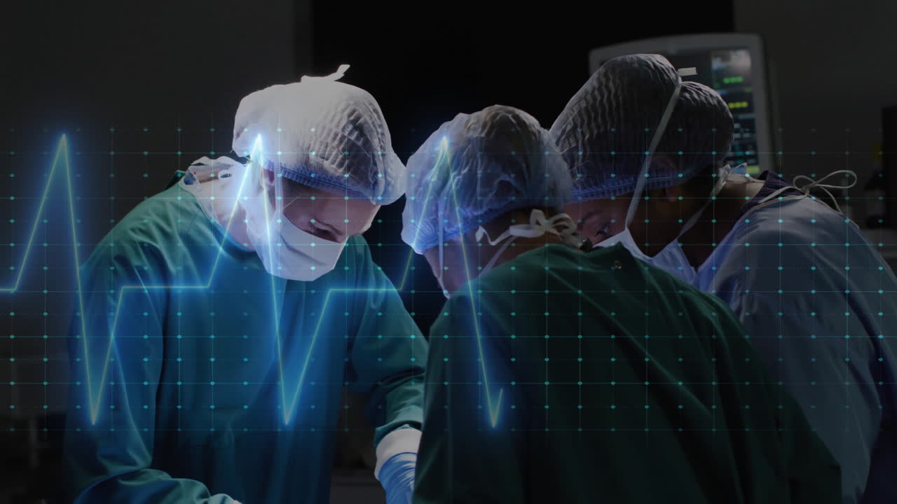 Performing operation, surgeons using heartbeat monitor animation overlay in hospital