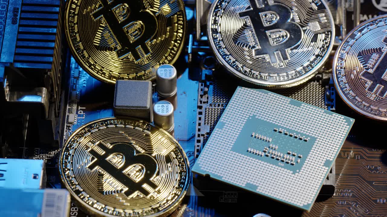 bitcoin btc y cpu procesador central en tecnología digital placa base de pc, minería de criptomonedas