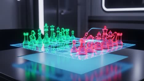 a futuristic chess game unfolds with holographic pieces displayed in vibrant green and red colors on a high-tech board in a sleek modern environment