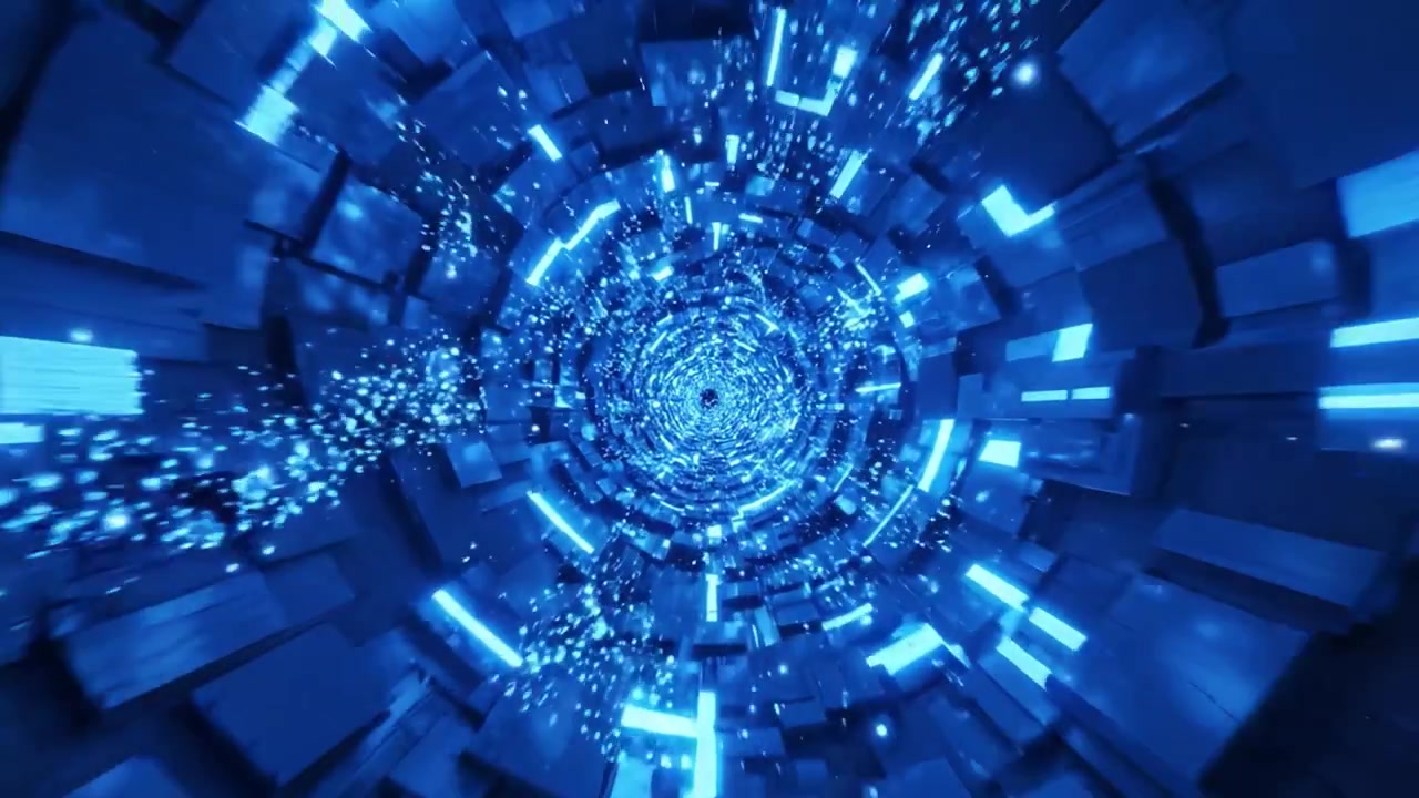 A Stunning Journey Through a Dynamic Digital Tunnel of Blue Light and Sparkling Particles, Creating an Immersive Visual Experience of Depth and Motion