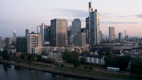 aerial of skyline from frankfurt super smooth dolly in move