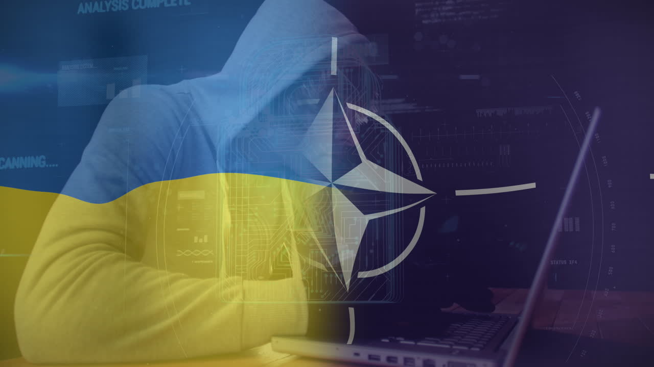 анимация кавказского хакера над флагом нато и украины