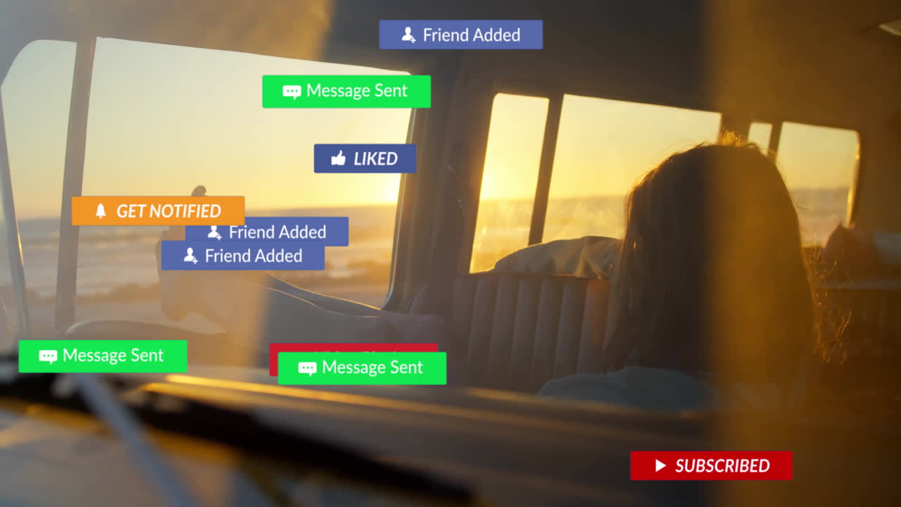 Social media notifications animation over person relaxing in car by beach