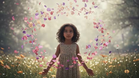 a young girl amidst whirling petals and sunlit blossoms in a dreamlike landscape, capturing the essence of childhood wonder and nature's beauty