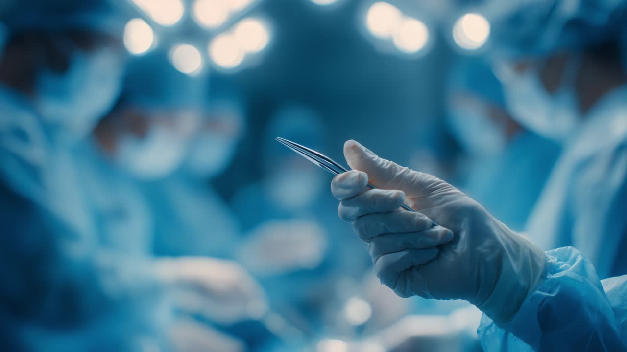 Nærbillede af en kirurg, der holder et kirurgisk instrument i operationsstuen, omgivet af medicinsk personale, der er fokuseret på en kompleks procedure under skarpt lys