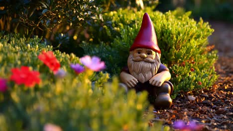 garden gnome in a flower garden