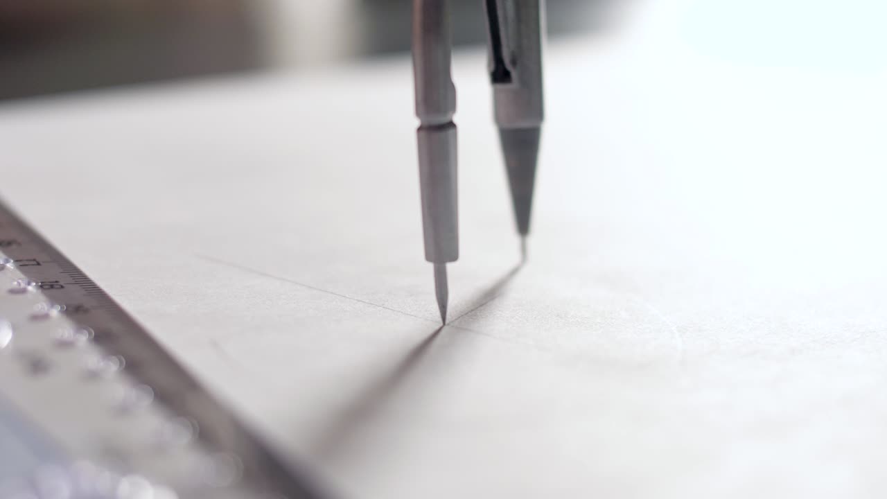 가까운 시각 디자이너는 스케치에 나침반으로 원을 그립니다.