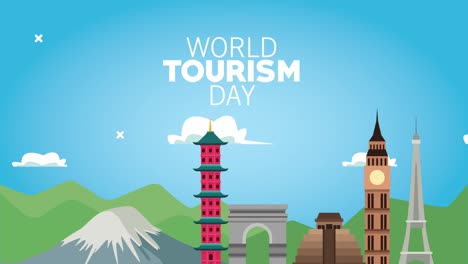 world tourism day lettering with monuments in the landscape