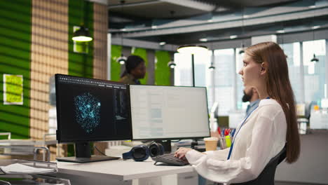 Female Technician Testing Generative Ai Machine Learning Algorithms At Work