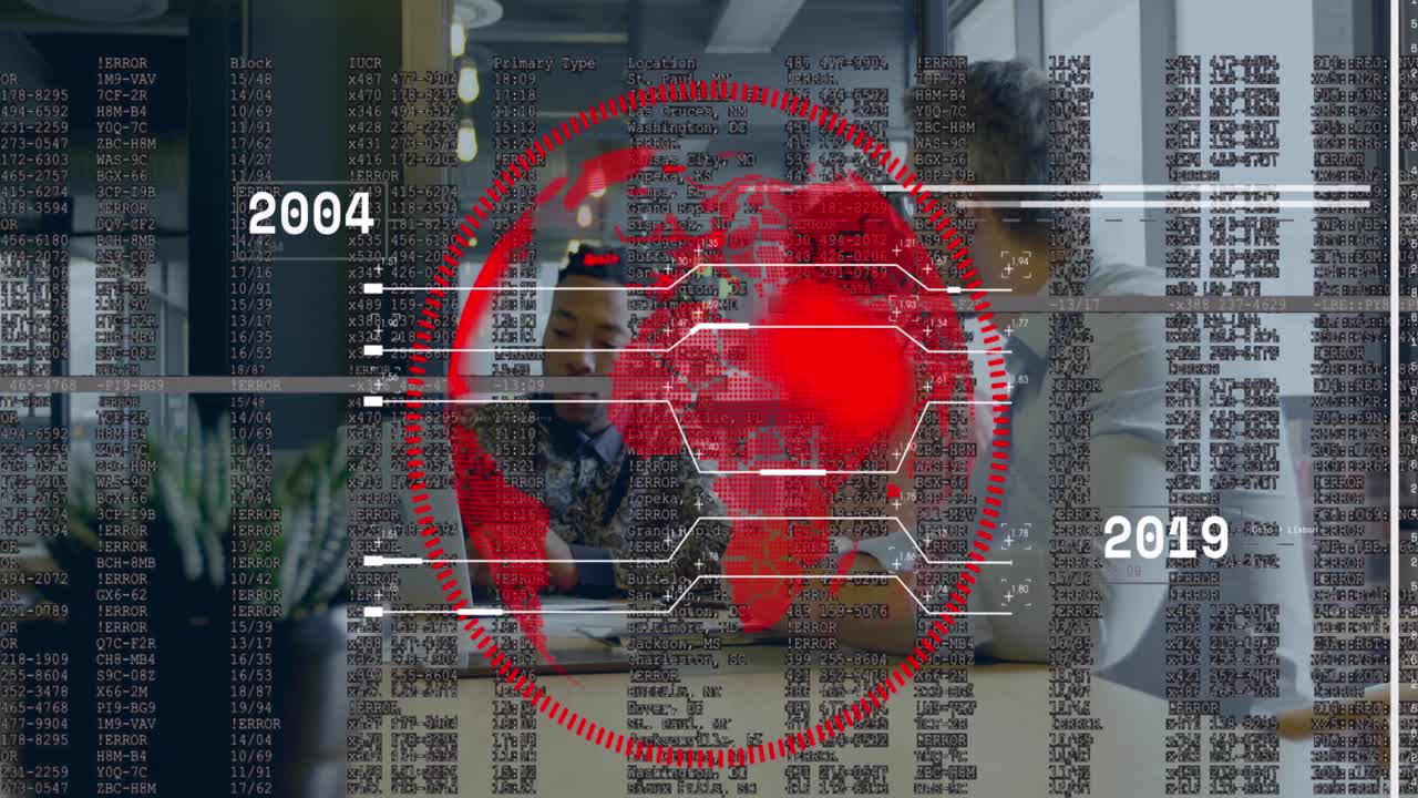 animación del globo con procesamiento de datos sobre personas de negocios que trabajan en la oficina