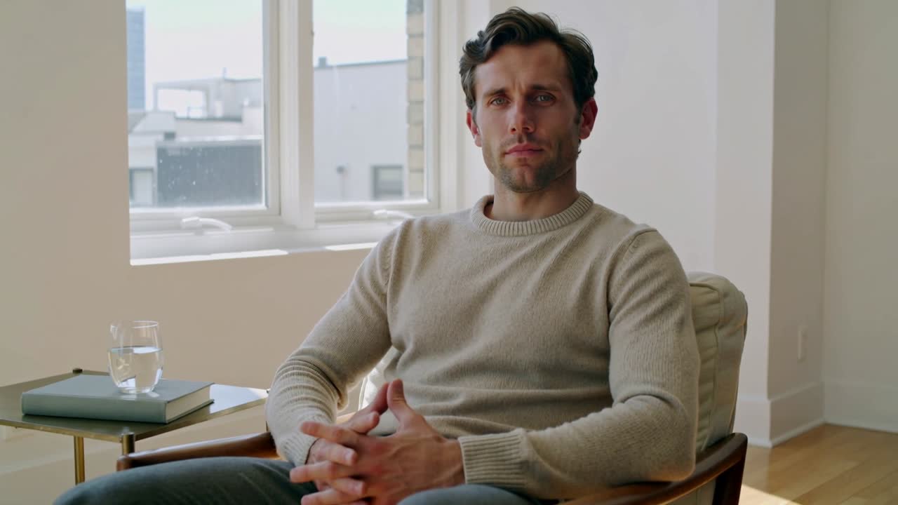 Inizio registrazione, uomo seduto con maglione beige che muove le dita su una poltrona imbottita, con un libro.