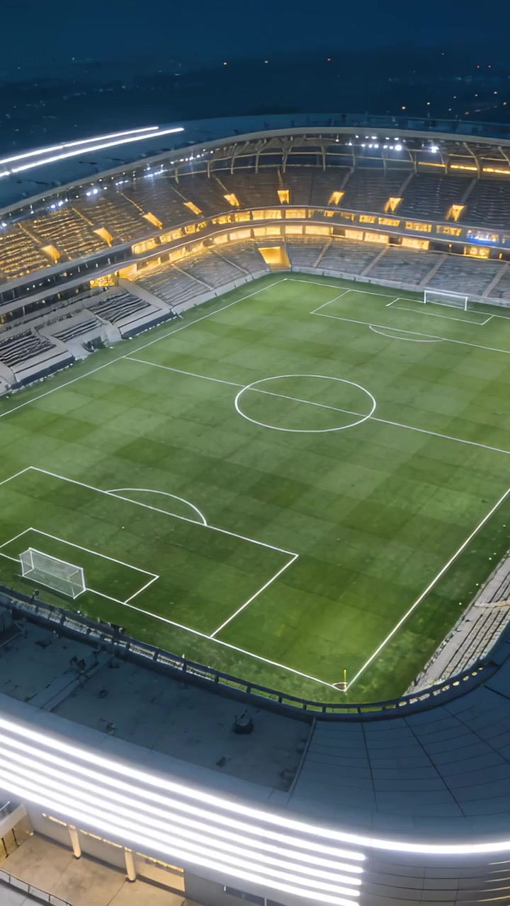 Video verticale: Drone che si inclina rivelando un campo da calcio vuoto di notte, mostrando le porte e il nastro LED.