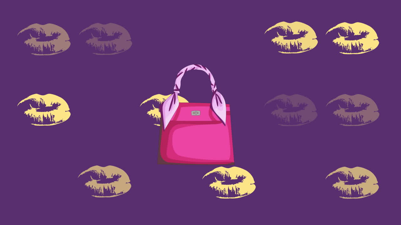 Animazione di labbra gialle su borsa rosa su sfondo viola