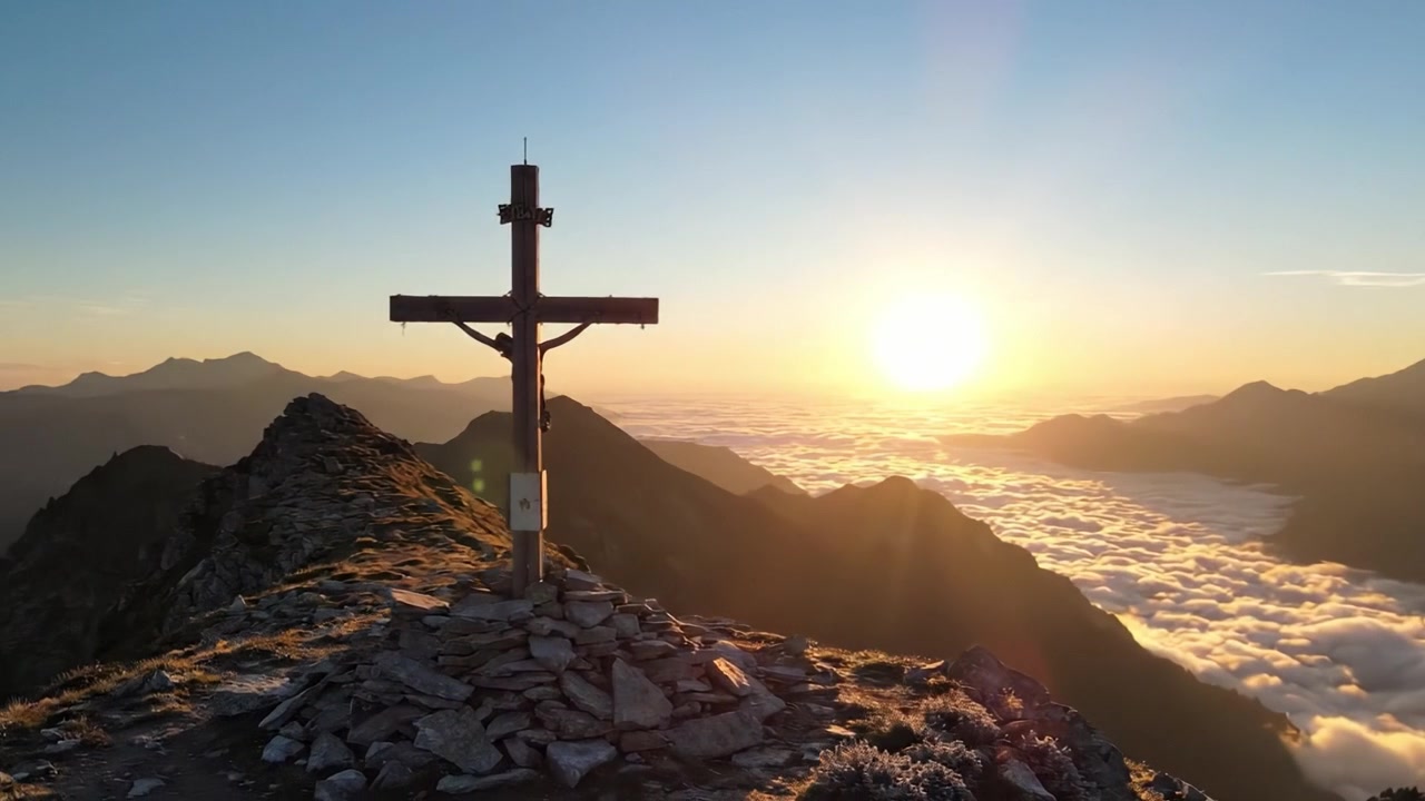 Vista maestosa del tramonto dalla cima di una montagna, con una croce stagliata contro un cielo vibrante e nuvole stratificate sottostanti, che cattura la bellezza tranquilla e l'essenza spirituale della natura.