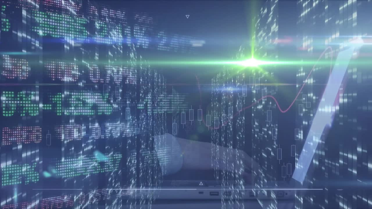 Camera pushing forward, data corridor scrolling and candlesticks appearing to show market trends