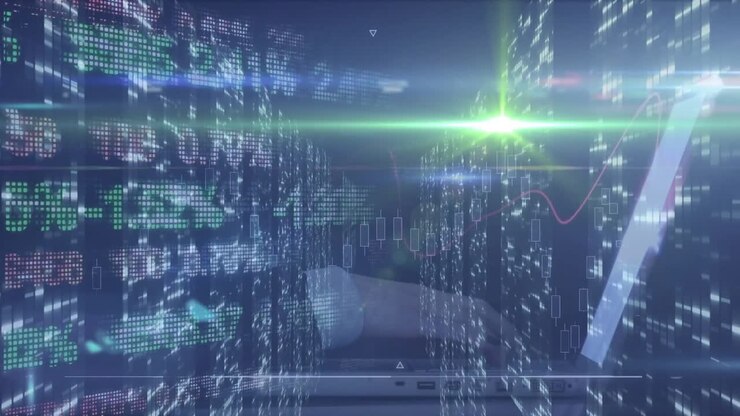 Camera pushing forward, data corridor scrolling and candlesticks appearing to show market trends