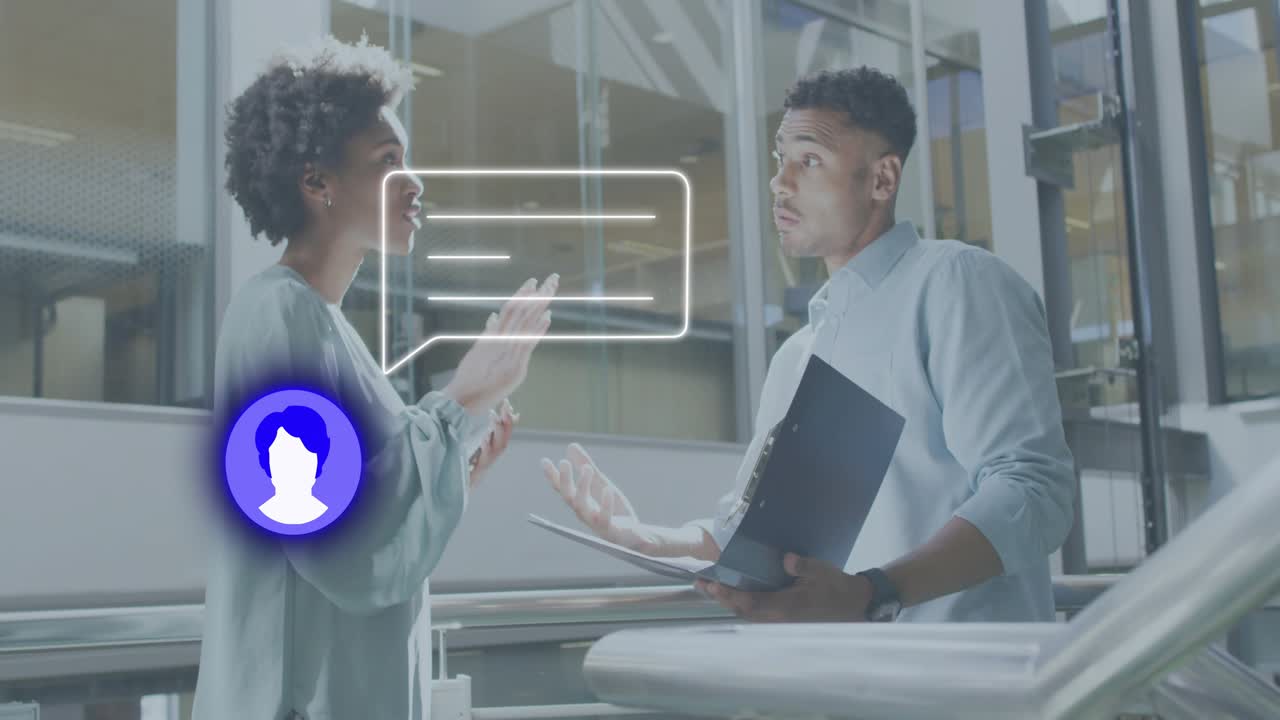 Woman extending hands activating user-avatar icon while colleague holding laptop nodding in tech