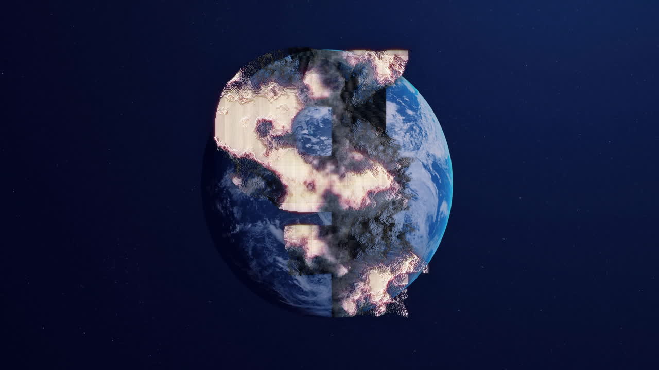Animation af kryptovaluta-symbol og databehandling over globus