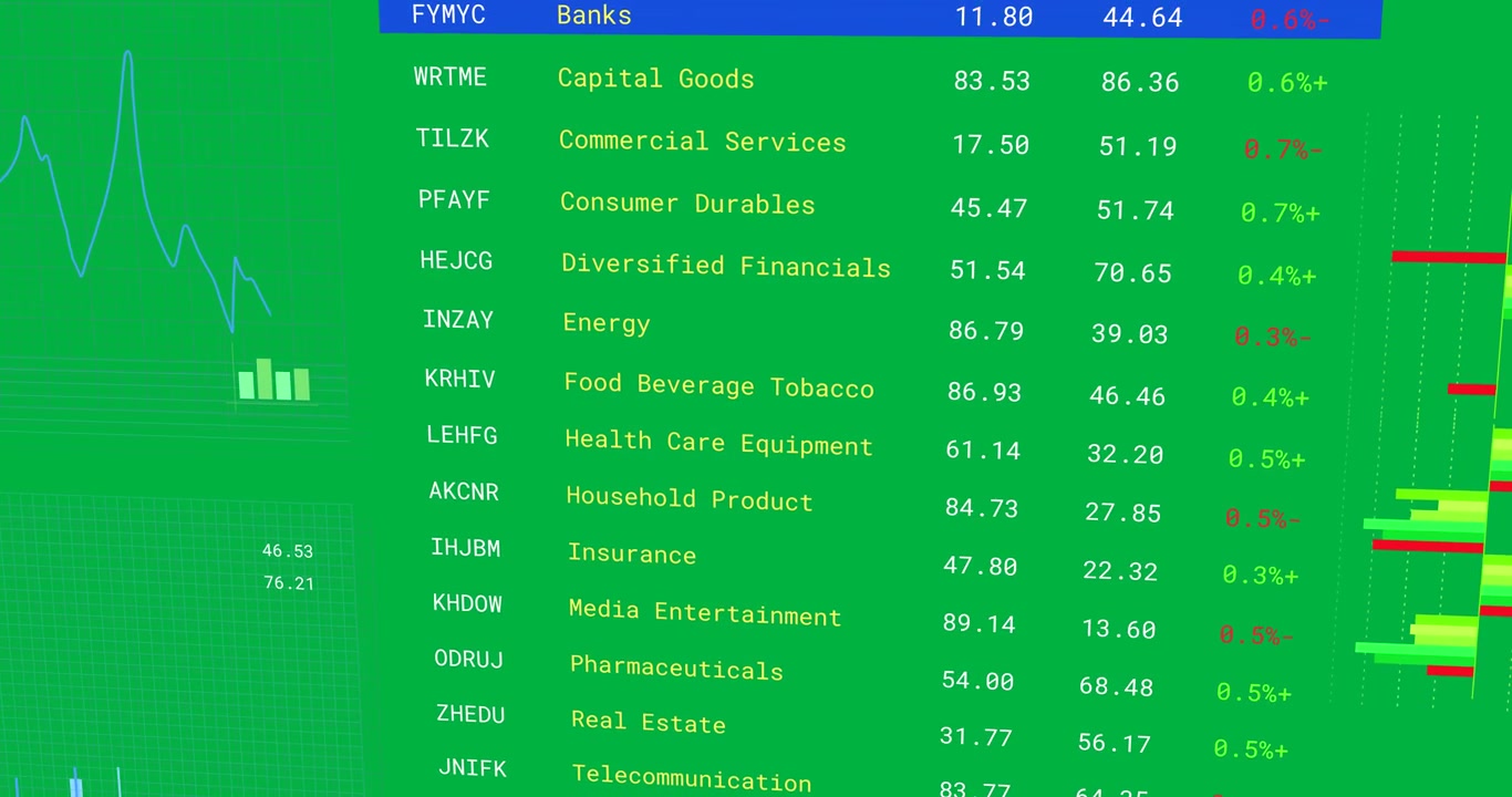 Animation of stock exchange financial data processing on transparent background