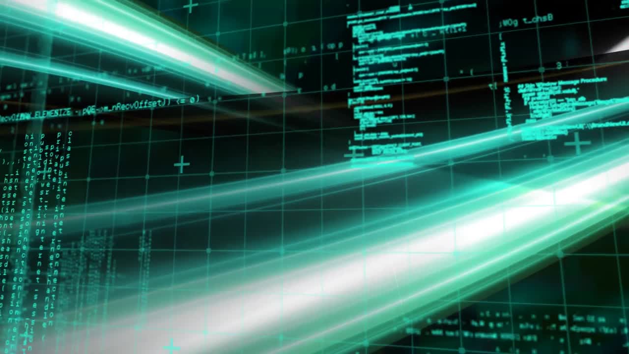 Animation of glowing blue lights and data processing on interface