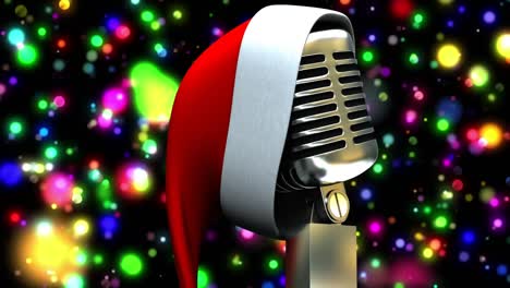 Animation-of-glowing-colorful-lights-over-microphone-with-christmas-hat-on-dark-background
