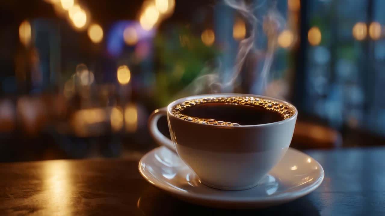 Una tazza di caffè fumante appoggiata su un piattino, con calde luci bokeh sullo sfondo, per creare un'atmosfera accogliente, perfetta per il relax e il piacere