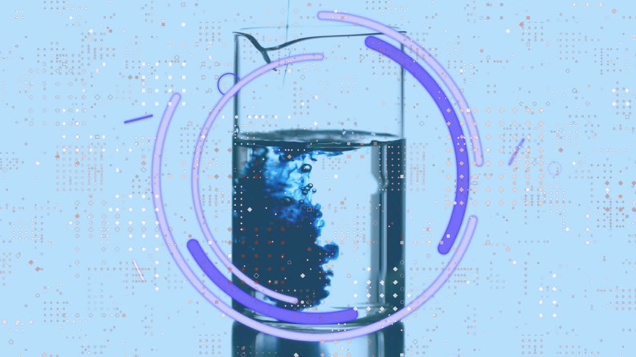 물로 가득 찬 컵에 떨어지는 액체 위에 눈, 원 및 움직이는 선의 애니메이션